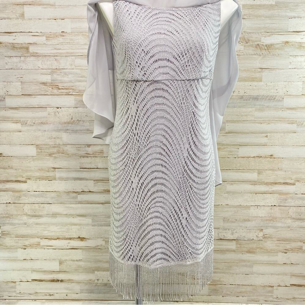 R&M Richards Crochet Metallic Chiffon Cape Overlay Dress Womens Size 6 Gray - Picture 7 of 15